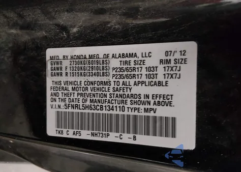 2012 Honda Odyssey Ex-L z USA, uszkodzony, nr VIN 5FNRL5H63CB134110